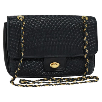 BALLY Quilted Chain Shoulder Bag Leather Black Gold Auth JB009