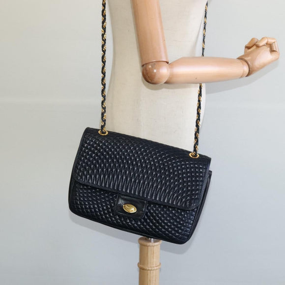 BALLY Quilted Chain Shoulder Bag Leather Black Gold Auth JB009