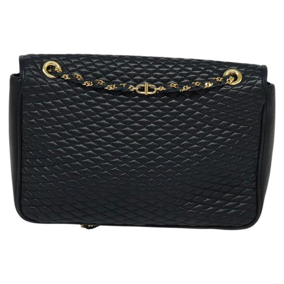 BALLY Quilted Chain Shoulder Bag Leather Black Gold Auth JB009