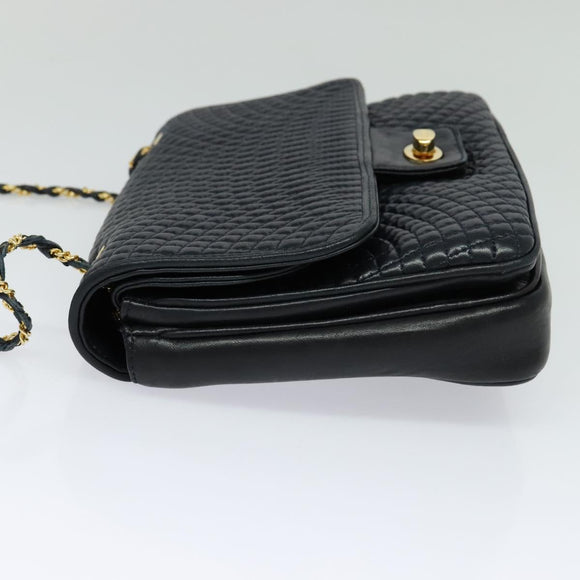 BALLY Quilted Chain Shoulder Bag Leather Black Gold Auth JB009