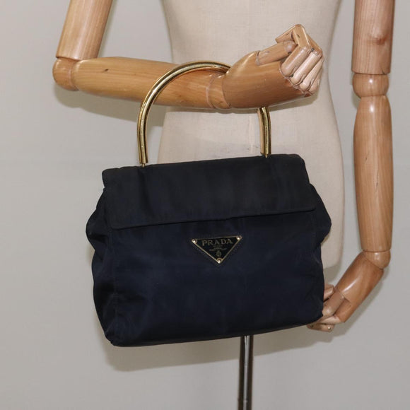 PRADA Hand Bag Nylon Navy Gold Auth JB052