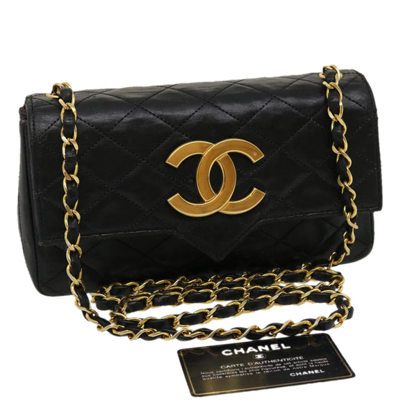 CHANEL Matelasse Shoulder Bag Lamb Skin Black Gold CC Auth jk1831