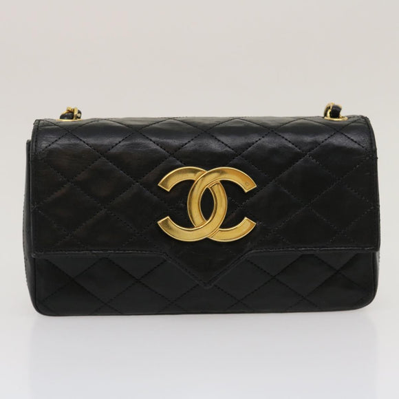 CHANEL Matelasse Shoulder Bag Lamb Skin Black Gold CC Auth jk1831