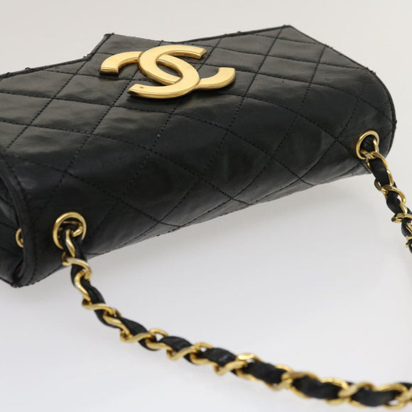 CHANEL Matelasse Shoulder Bag Lamb Skin Black Gold CC Auth jk1831