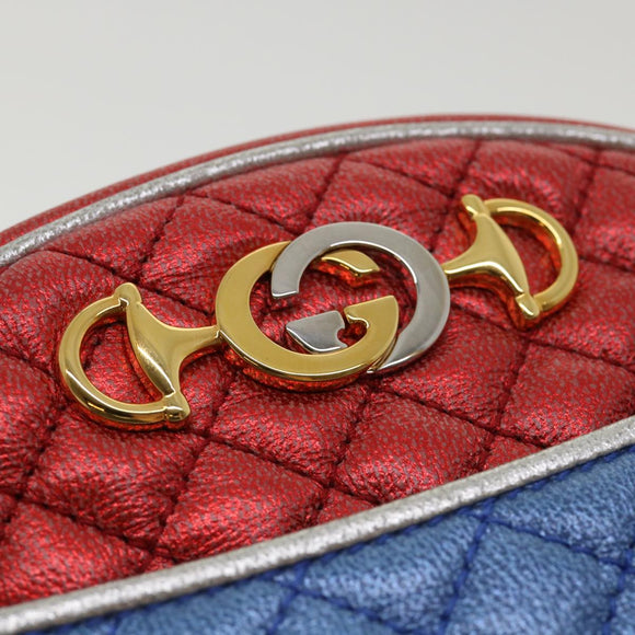 GUCCI Horsebit Pochette Shoulder Bag Lamb Skin Red Blue 534951 Auth 34948