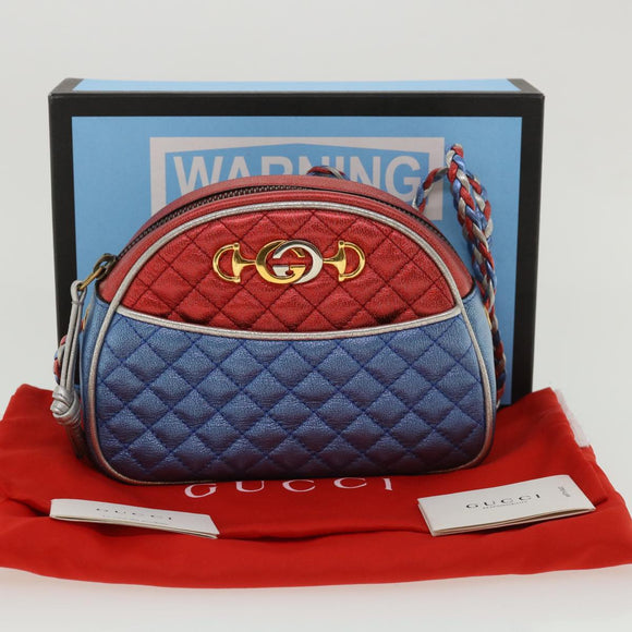 GUCCI Horsebit Pochette Shoulder Bag Lamb Skin Red Blue 534951 Auth 34948