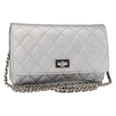 CHANEL Matelasse Chain Wallet Leather Silver CC Auth ka015-1