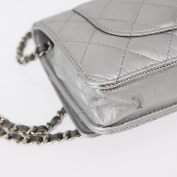 CHANEL Matelasse Chain Wallet Leather Silver CC Auth ka015