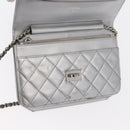CHANEL Matelasse Chain Wallet Leather Silver CC Auth ka015-10