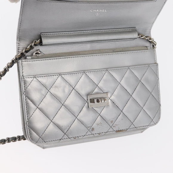 CHANEL Matelasse Chain Wallet Leather Silver CC Auth ka015