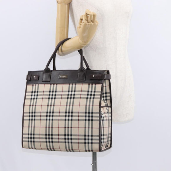 BURBERRY Nova Check Hand Bag Canvas Beige Silver Auth ka042