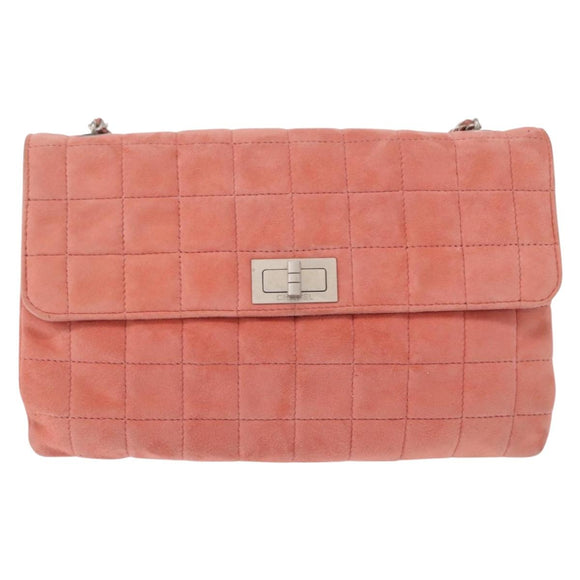 CHANEL Choco Bar Line Chain Shoulder Bag Suede Pink CC Auth ka046