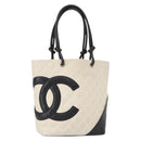 CHANEL Cambon Line Hand Bag Leather White Silver black CC Auth ka054-1