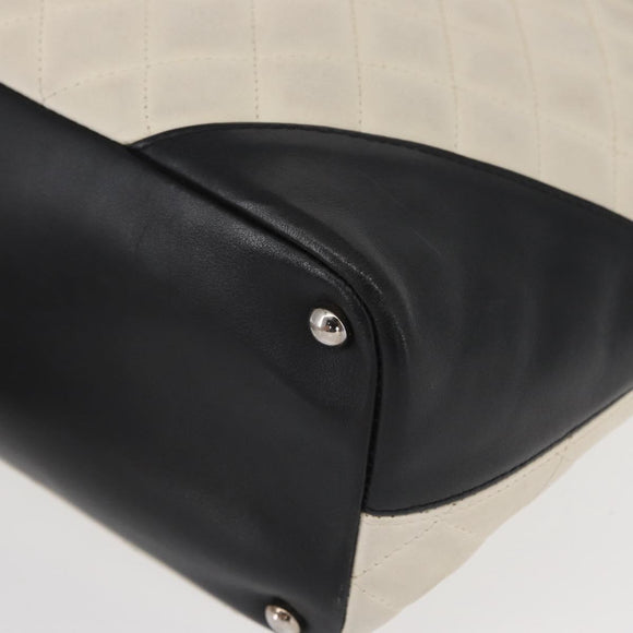 CHANEL Cambon Line Hand Bag Leather White Silver black CC Auth ka054