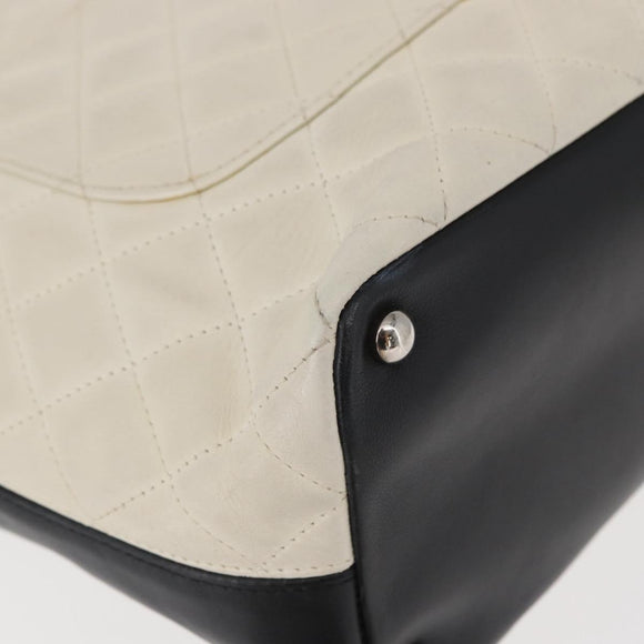 CHANEL Cambon Line Hand Bag Leather White Silver black CC Auth ka054