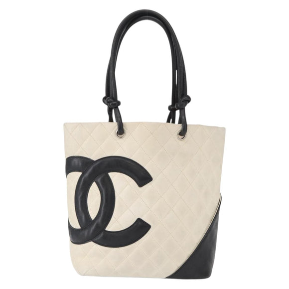 CHANEL Cambon Line Hand Bag Leather White Silver black CC Auth ka054