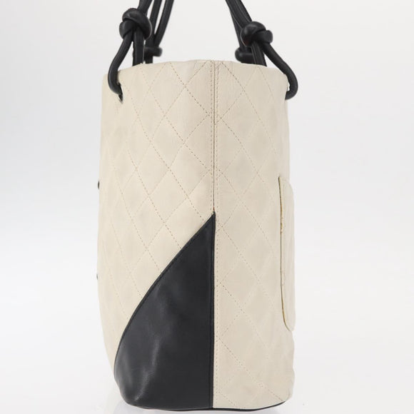 CHANEL Cambon Line Hand Bag Leather White Silver black CC Auth ka054