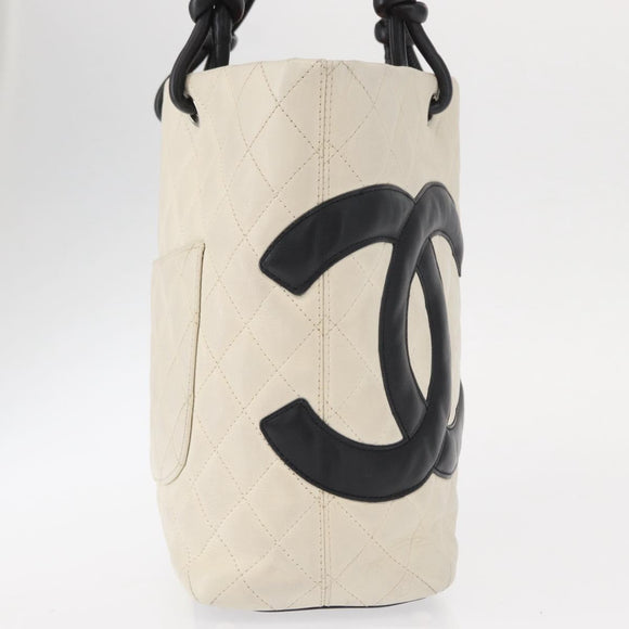 CHANEL Cambon Line Hand Bag Leather White Silver black CC Auth ka054