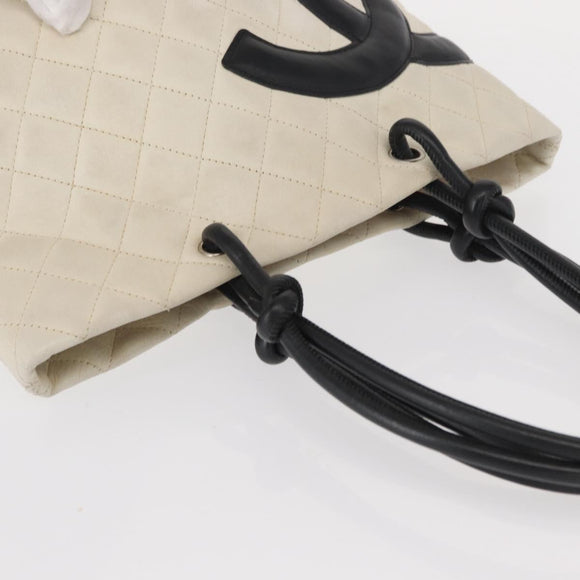 CHANEL Cambon Line Hand Bag Leather White Silver black CC Auth ka054