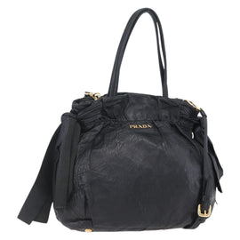 PRADA Hand Bag Leather 2way Black Gold Auth ka061