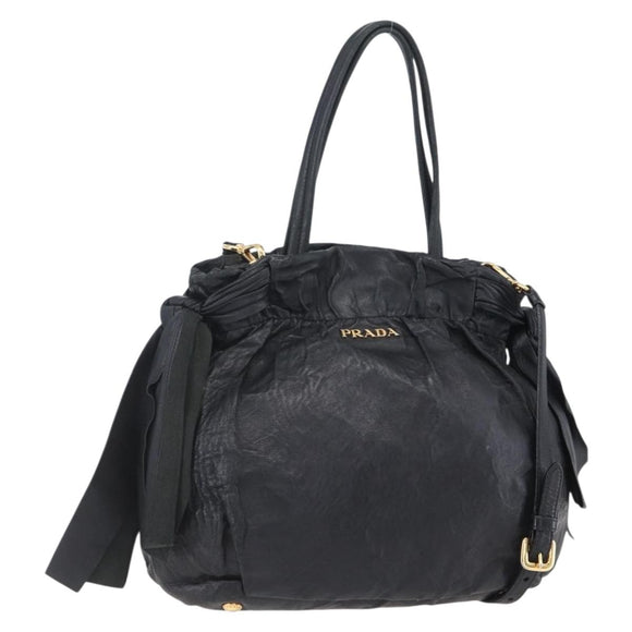 PRADA Hand Bag Leather 2way Black Gold Auth ka061