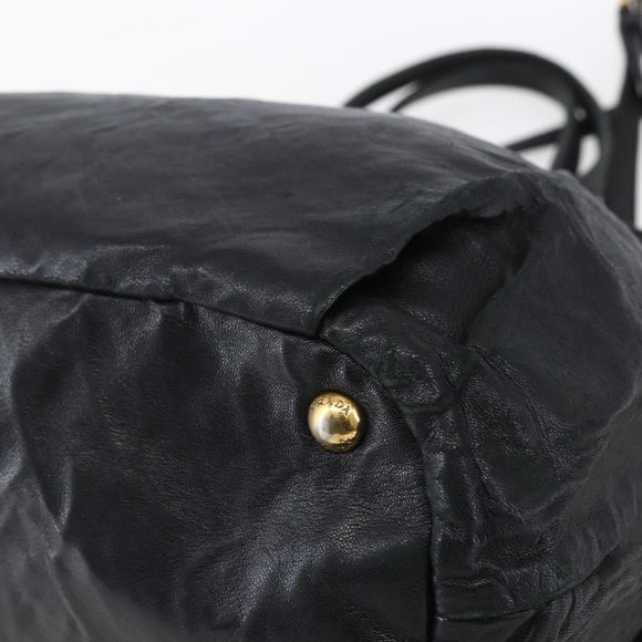 PRADA Hand Bag Leather 2way Black Gold Auth ka061