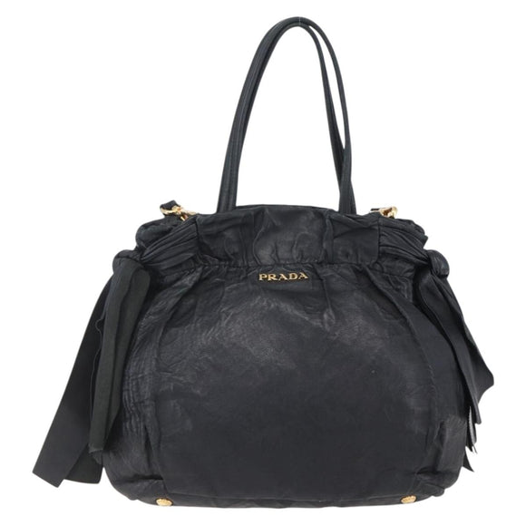 PRADA Hand Bag Leather 2way Black Gold Auth ka061
