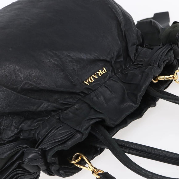 PRADA Hand Bag Leather 2way Black Gold Auth ka061