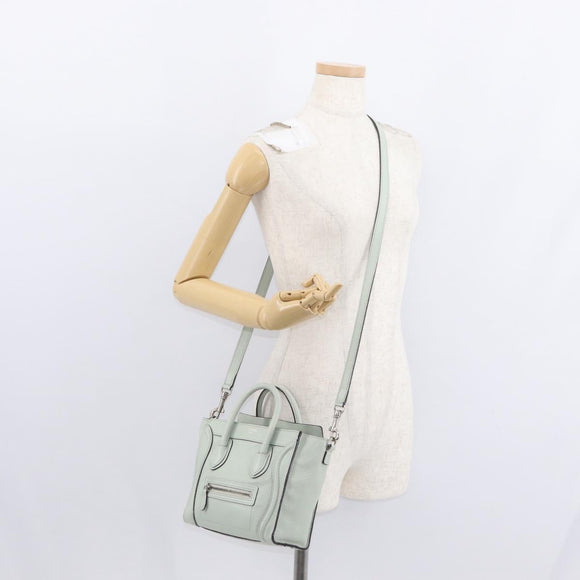 CELINE Luggage Nano Shopper Hand Bag Leather 2way Light Blue Silver Auth ka062