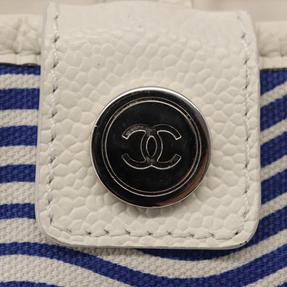CHANEL Tote Bag Canvas Leather Blue White CC Auth ka064