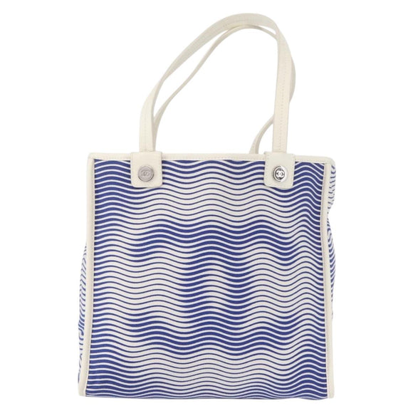 CHANEL Tote Bag Canvas Leather Blue White CC Auth ka064