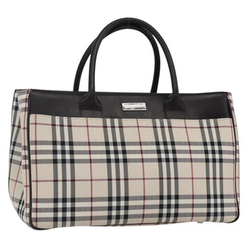 BURBERRY Nova Check Hand Bag Canvas Leather Beige Silver Auth ka065