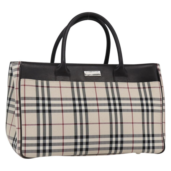 BURBERRY Nova Check Hand Bag Canvas Leather Beige Silver Auth ka065