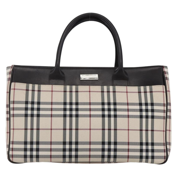BURBERRY Nova Check Hand Bag Canvas Leather Beige Silver Auth ka065