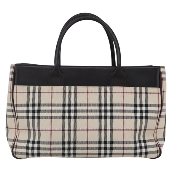 BURBERRY Nova Check Hand Bag Canvas Leather Beige Silver Auth ka065