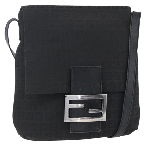 FENDI Zucchino Canvas Schoudertas Zwart Zilver Auth ka081