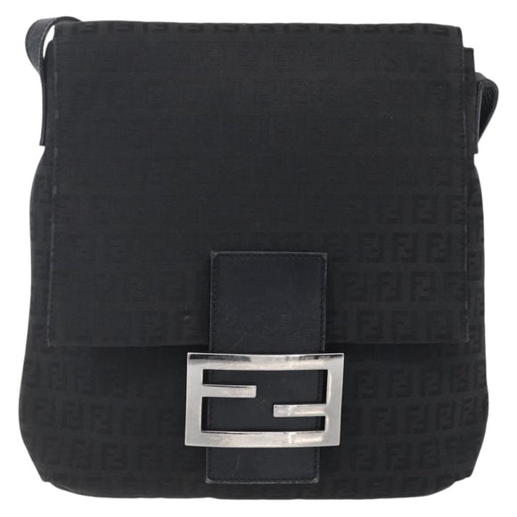 FENDI Zucchino Canvas Schoudertas Zwart Zilver Auth ka081