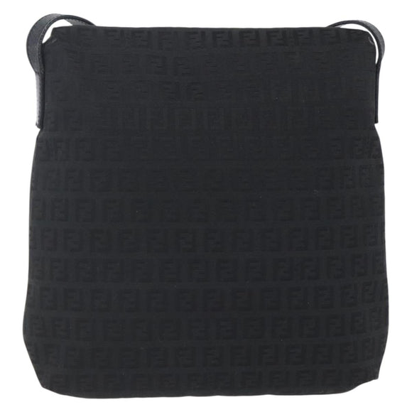 FENDI Zucchino Canvas Shoulder Bag Black Silver Auth ka081