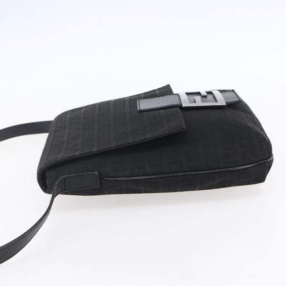 FENDI Zucchino Canvas Shoulder Bag Black Silver Auth ka081