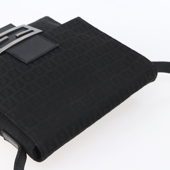 FENDI Zucchino Canvas Shoulder Bag Black Silver Auth ka081