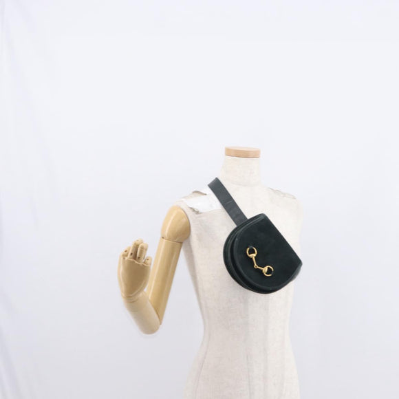 GUCCI Waist Bag Suede Leather Green Gold Auth ka089