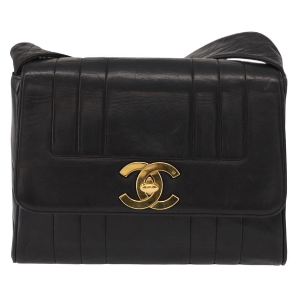 CHANEL New Mademoiselle Shoulder Bag Lamb Skin Black Silver CC Auth ka096V