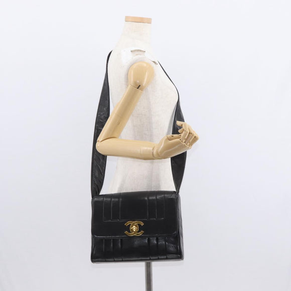 CHANEL New Mademoiselle Shoulder Bag Lamb Skin Black Silver CC Auth ka096V