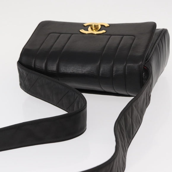 CHANEL New Mademoiselle Shoulder Bag Lamb Skin Black Silver CC Auth ka096V