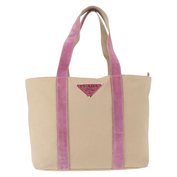 PRADA Tote Bag Canvas Beige Silver Auth ka101