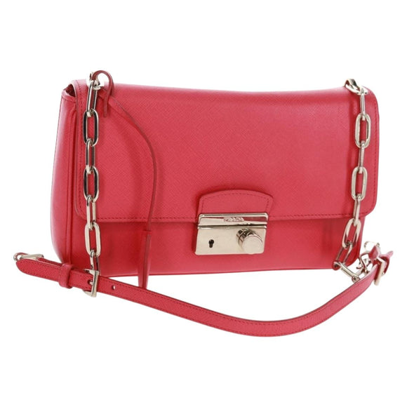 PRADA Umhängetasche Kette Saffianoleder Rot Silber Auth ka1025V