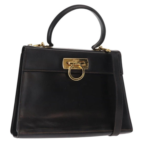 Salvatore Ferragamo Gancini Hand Bag Leather 2way Black Gold Auth ka1065