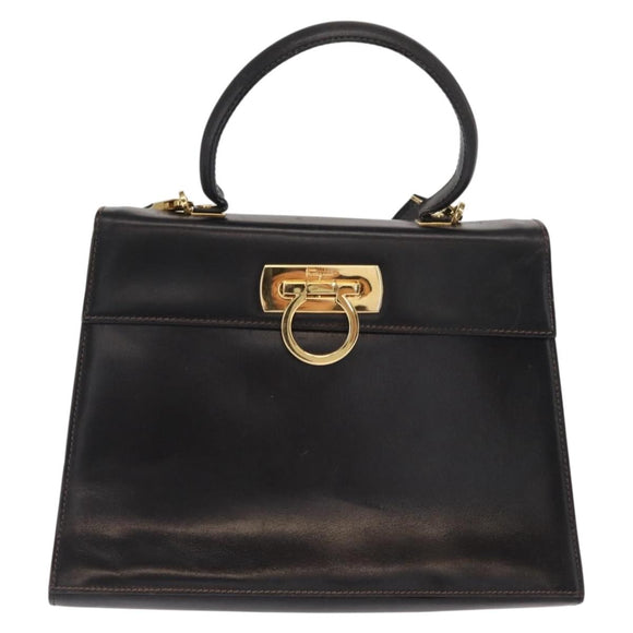 Salvatore Ferragamo Gancini Hand Bag Leather 2way Black Gold Auth ka1065