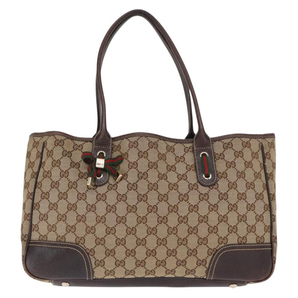 GUCCI GG Canvas Web Sherry Line Tote Bag Beige Gold 163805 Auth ka1081