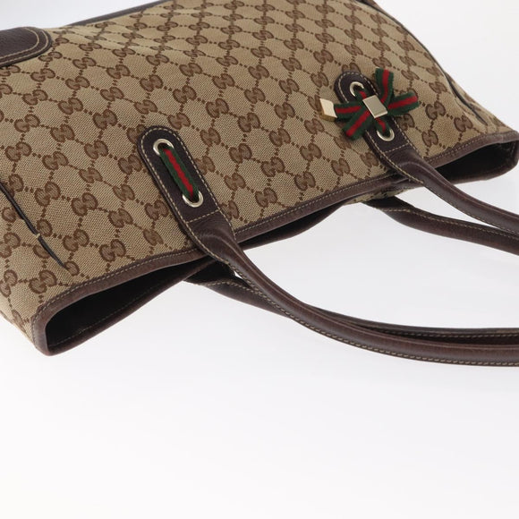 GUCCI GG Canvas Web Sherry Line Tote Bag Beige Gold 163805 Auth ka1081
